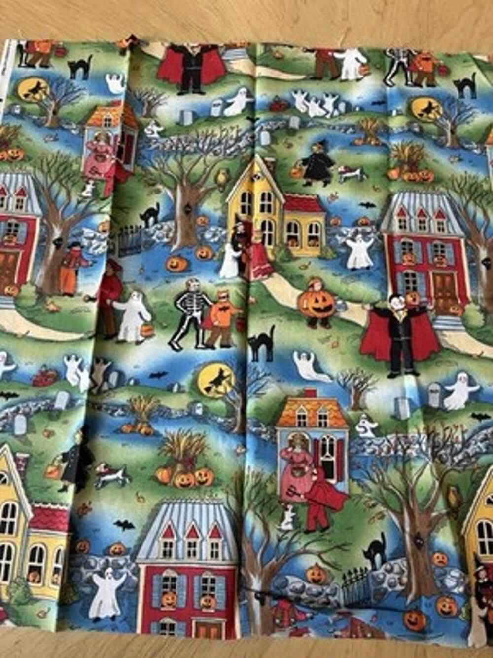 Vtg 90s Halloween Fabric Susan Winget Trick or Treat Witch Cats Owl Ghosts 23x44